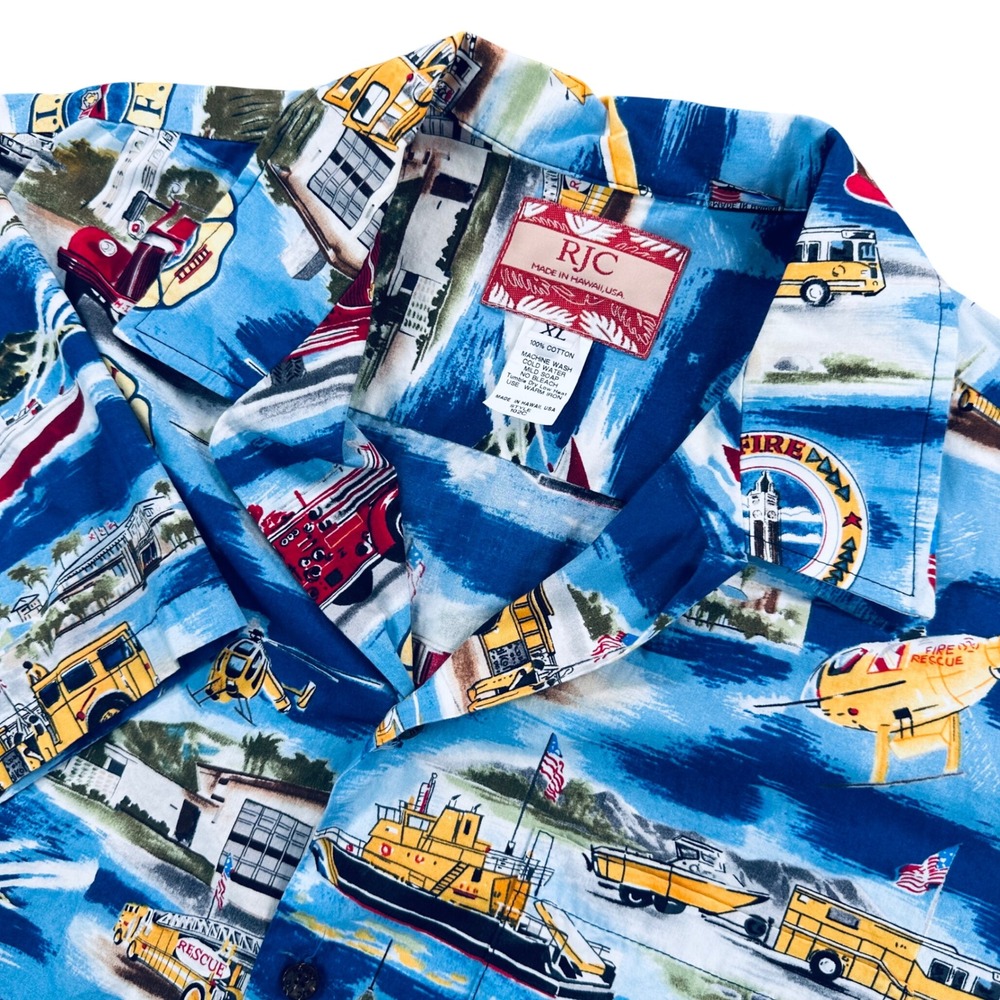 RJC Rescue Hawaiian Firefighter Trucks Print Shirt Vintage Men's XL Blue Cotton